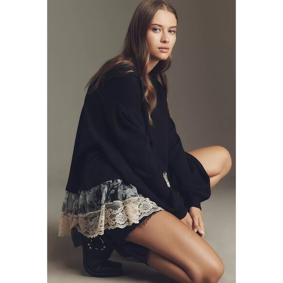 By Anthropologie Tulle-Hem Pullover Sweatshirt Top Cotton Black LP NWT 283848 - Picture 2 of 8